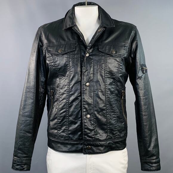 JOHN VARVATOS STAR USA Size L Black Coated Cotton Twill Snaps Jacket - Picture 1 of 9